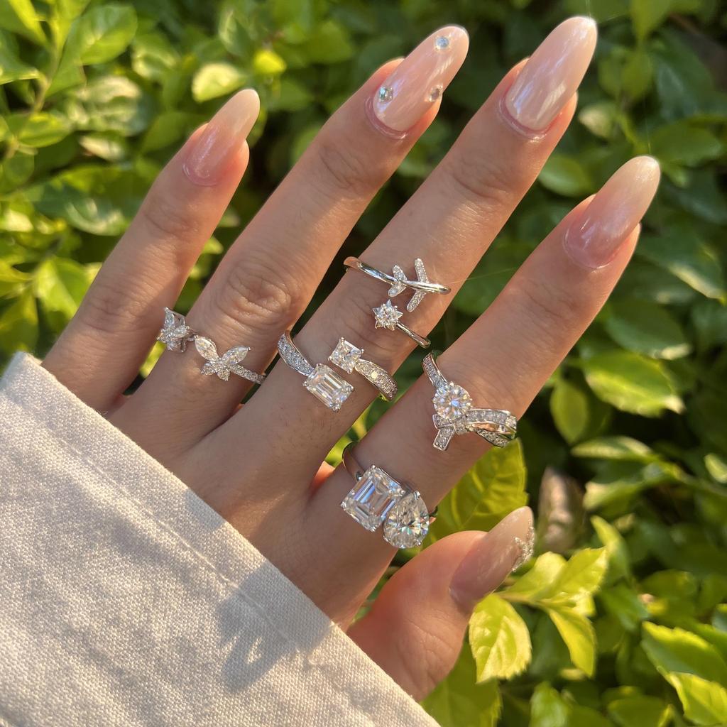 Moissanit S925 Sterling Silber Damenring - D Farbe, Super Glanz, Geometrisches Wassertropfen-Design, Ideal für Hochzeiten und Bankette