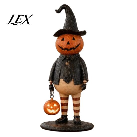 Ornamento Autunnale per la Casa Zucca Strega Statuetta, Statua Spettrale di Halloween con Lanterna, Carino Accessorio da Scrivania Vintage Gotico Resina per Tavolo Mensola