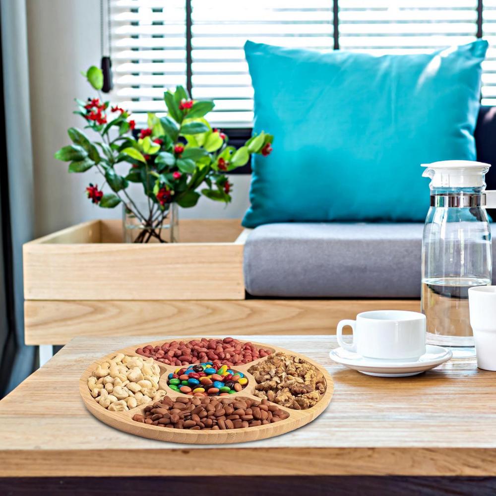 Serviertabletts aus Holz mit Fächern Bambus-Obstschale mit 5 Fächern Rundes Serviertablett für Partygerichte Snacks Trockenfrüchte