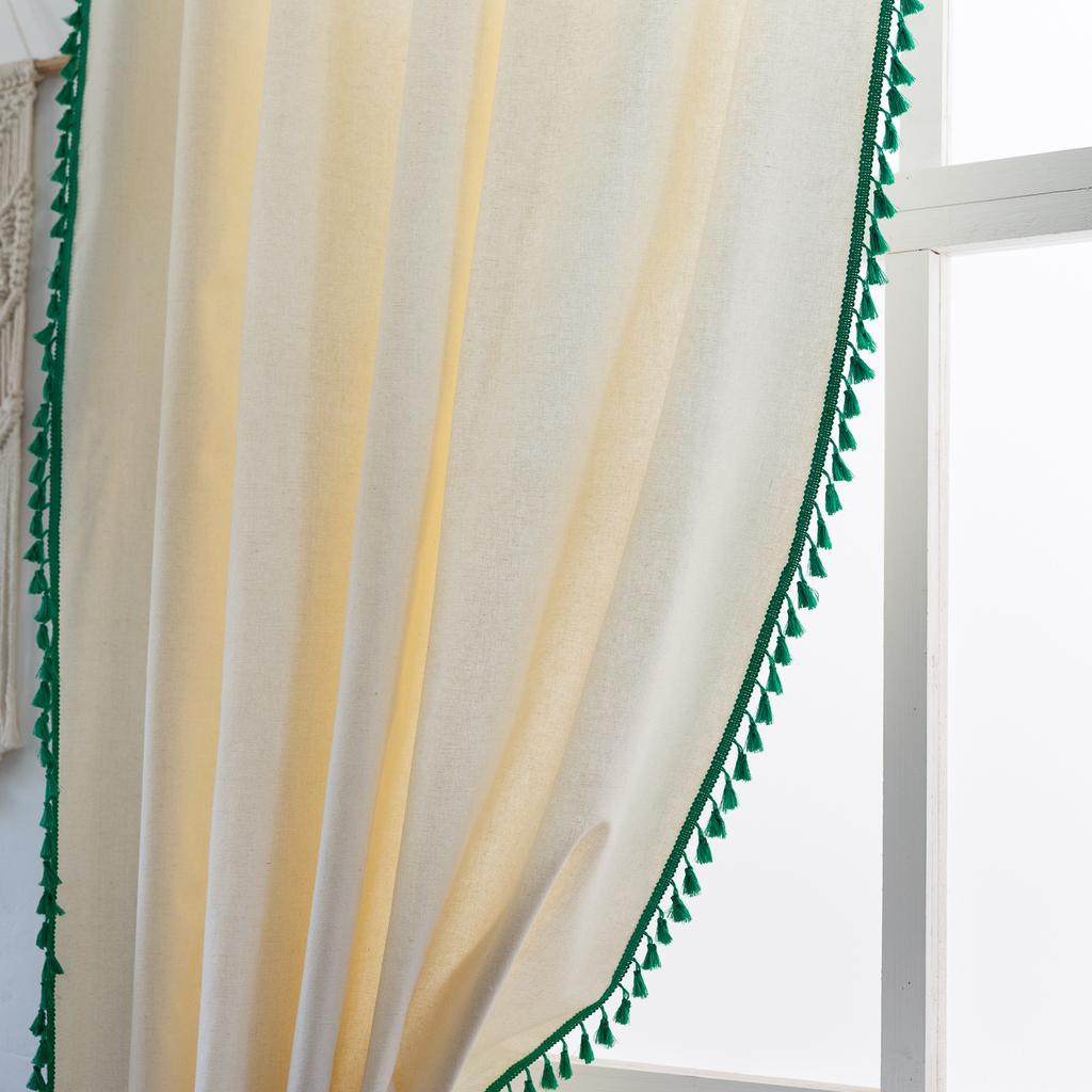 Curtain Finished Solid Color Cotton And Linen Fringed Semi-Blackout American Kitchen Floating Curtains Direct Supply