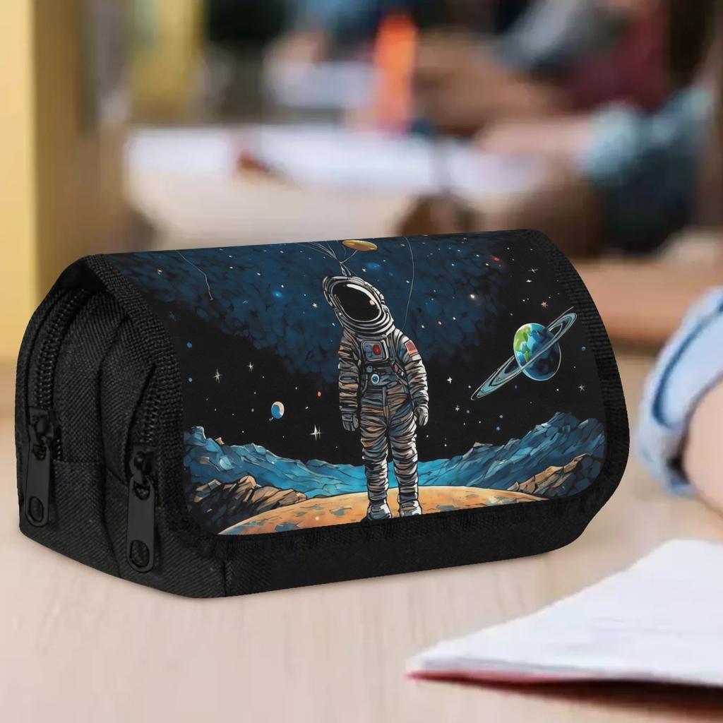 Packing Organizers 1pc Double Layer Flip Pencil Case - Astronaut In Planetary Balloons, Large Capacity, Portable Polyester Pen Storage Bag with Zipper