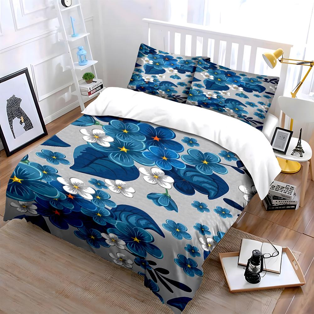 Blue Floral Bedding Set with White Accents Bedding Set (1 Duvet Cover, 2 Pillowcases, Duvet Not Included)