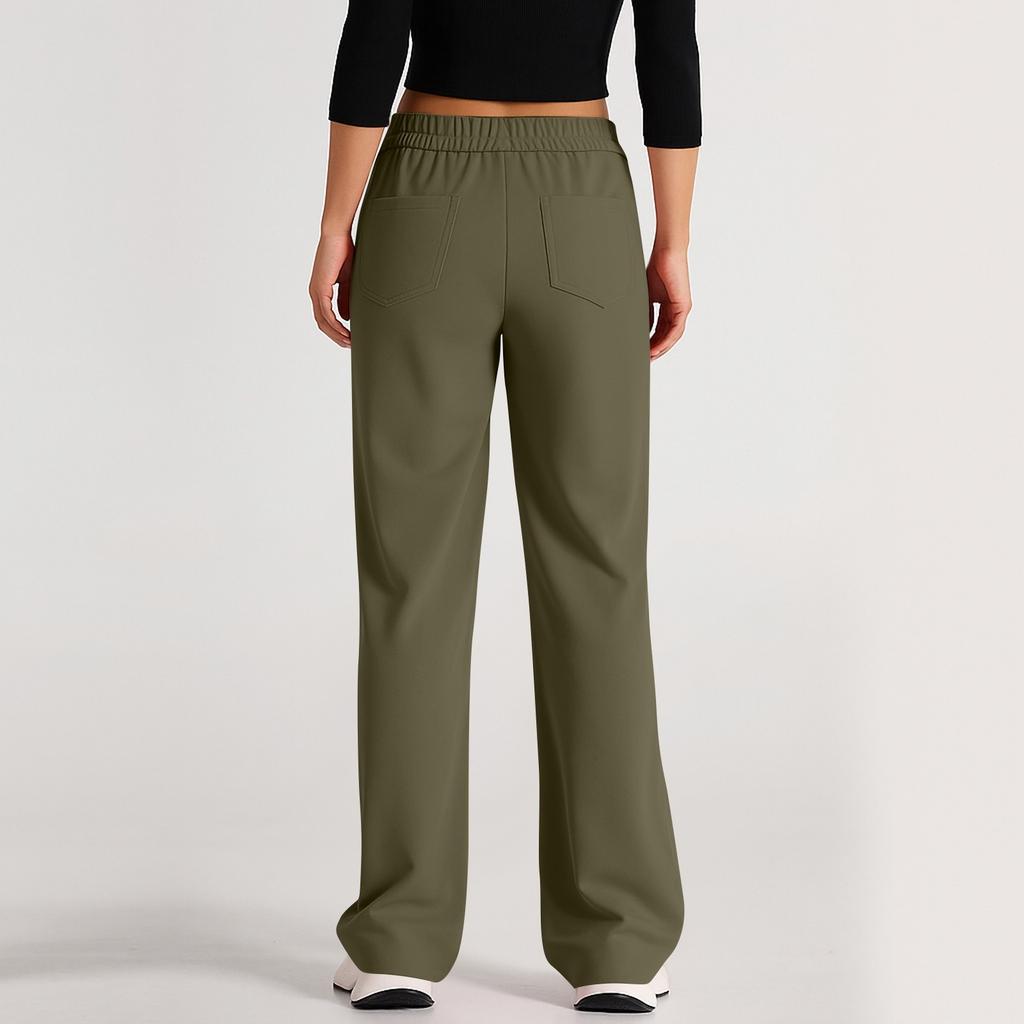 Women's Fashionable Solid Color Straight Leg Pants With High Waist Button Pockets And Elastic Waist Casual Pants