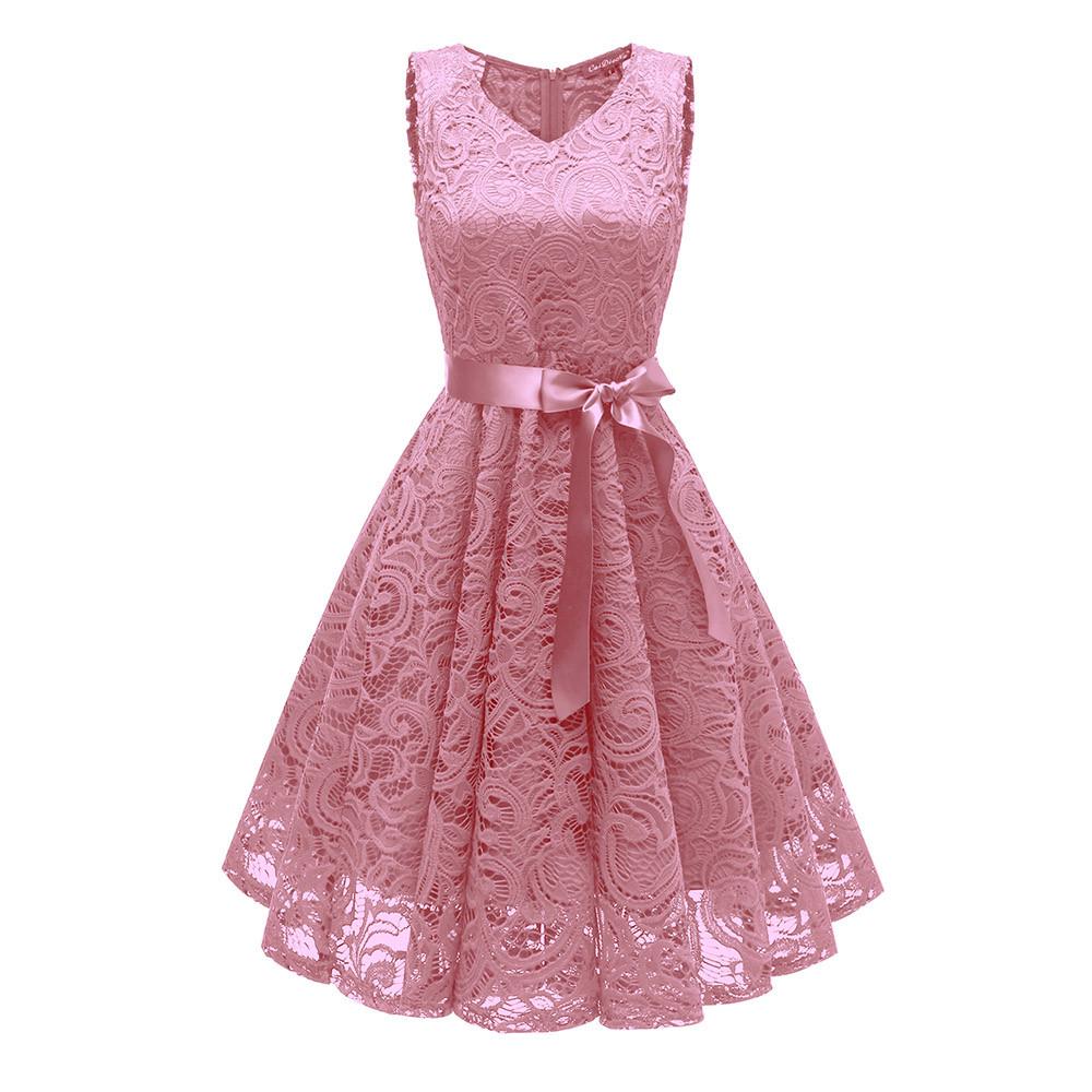Women Vintage Princess Floral Lace Cocktail V-Neck Party Aline Swing Dress