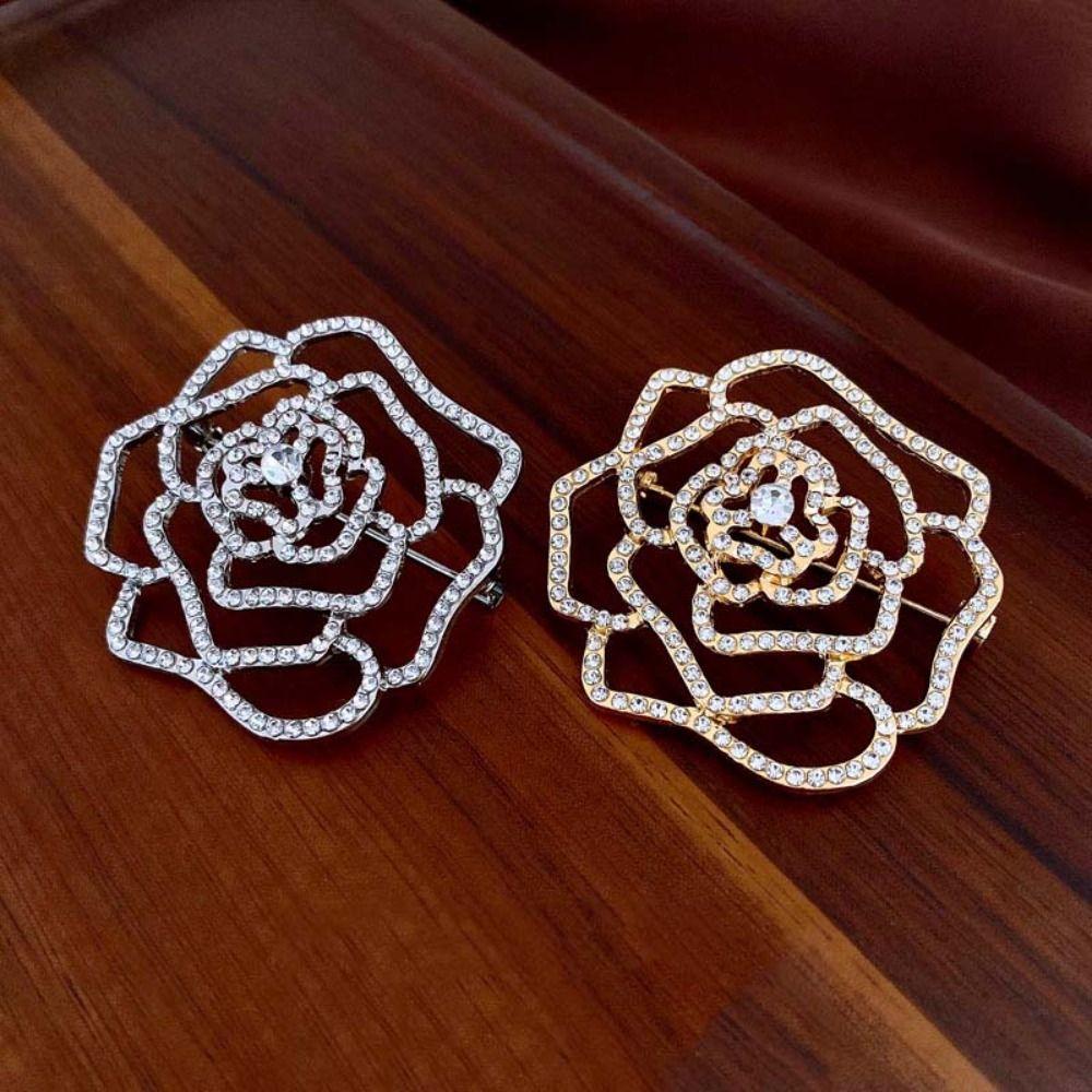 Badge Hollow Camellia Brooch Full Rhinestone Rhinestone Brooch Personality Suit Collar Pin  Daily