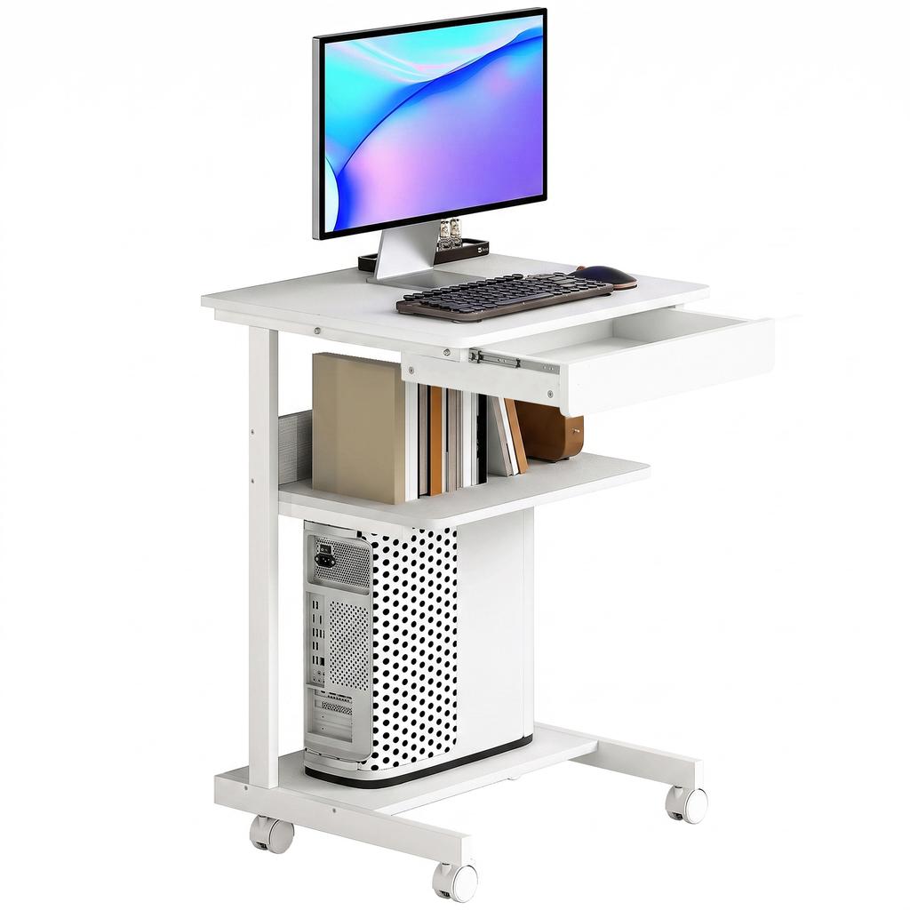 Rolling Desk with Drawer and Shelves, 4 Wheels, Compact, Chipboard, Metal