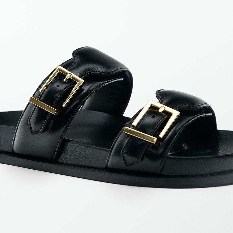 Fashion 2024 Black Flat Slippers For Woman Summer Women Fashion Buckle Strap Slipper New Casual Chic Indoor Flatform Sandals Shoes