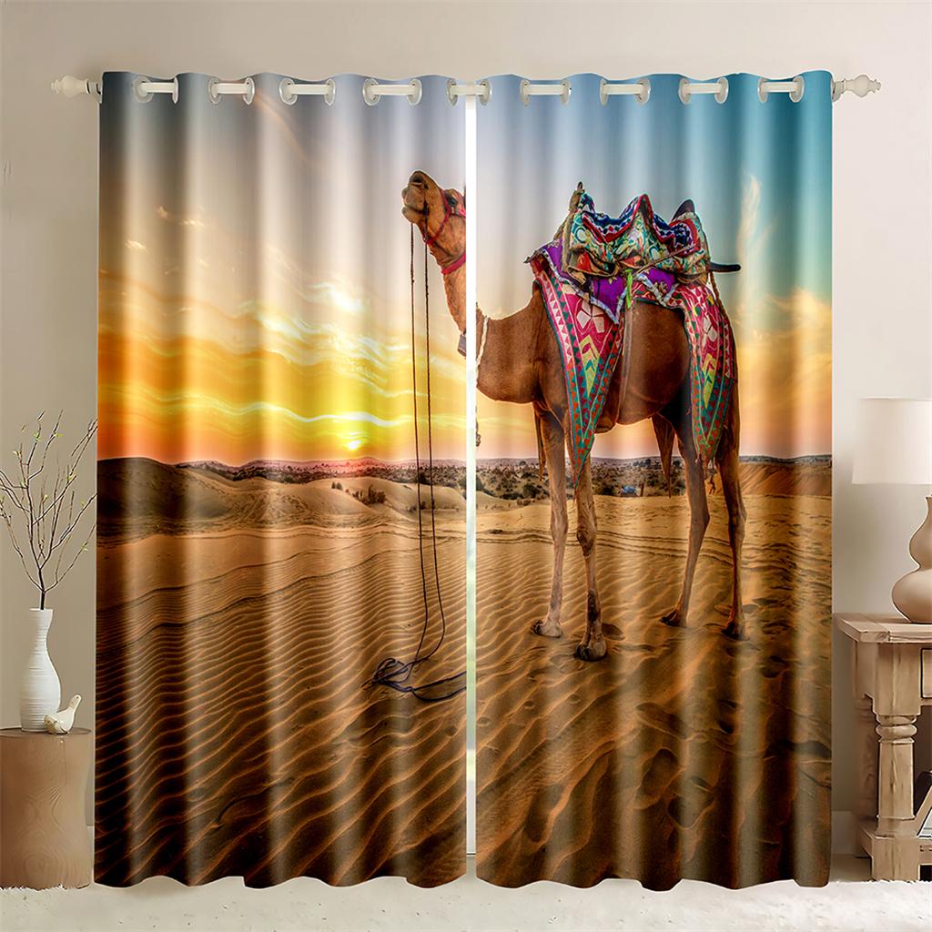 

3D Верблюд Креативные Шторы Пустынная Миграция Затенение 2 Панели Гостиная Спальня Балкон Кухня Окно Декоративные Шторы 50W130H(CM)X2PCS&Hook