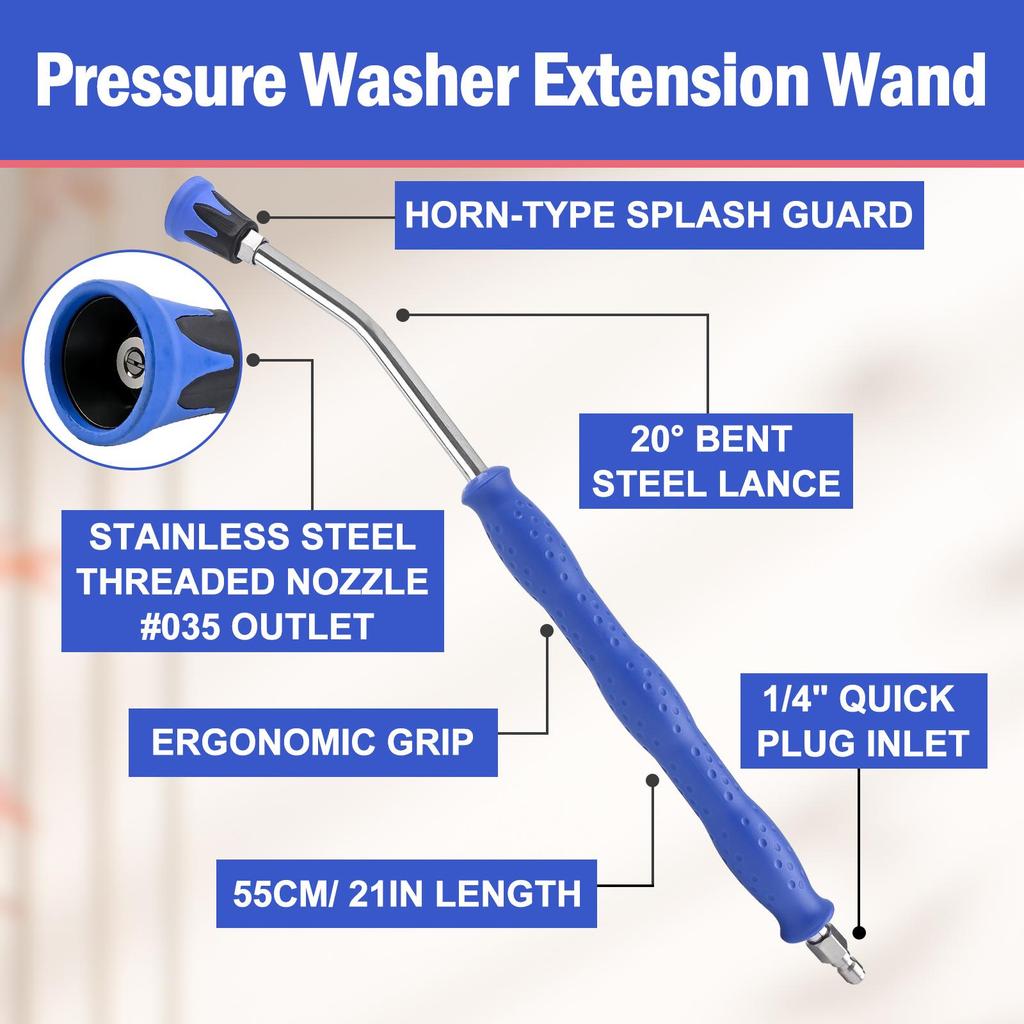 20° Curved Pressure Washer Extension Wand for Car Wash High-Pressure Washer Gun, with Non-slip Grip, Threaded Nozzle #035 with Horn-type Splash Guard