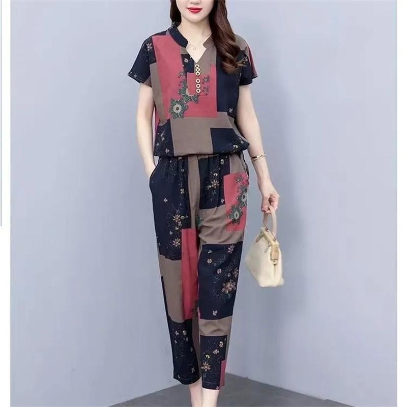 Women's 2PCS Summer Thin Age Reduction Female T-Shirt Version Large Size Leisure Pants Lady 2-piece Set