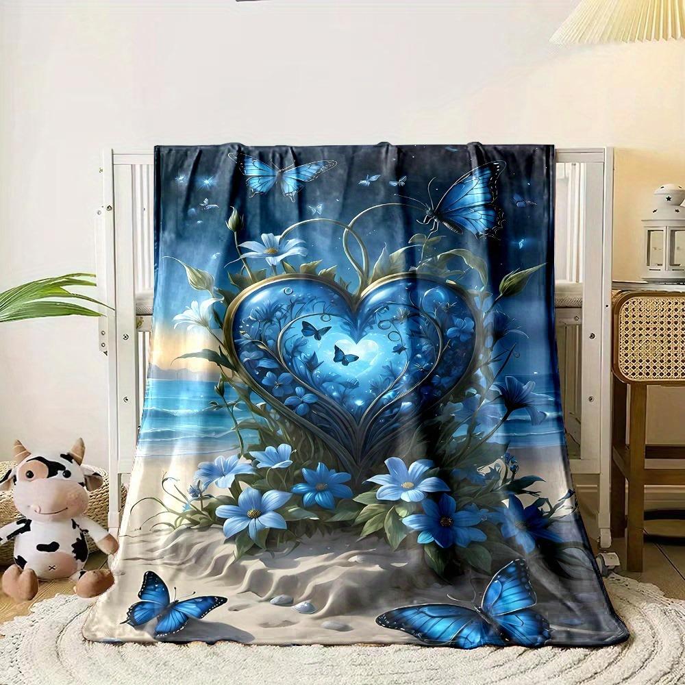 Enchanted Blue Heart & Butterfly Throw Blanket: Coastal Floral Pattern Dreamy Cozy Home Decor