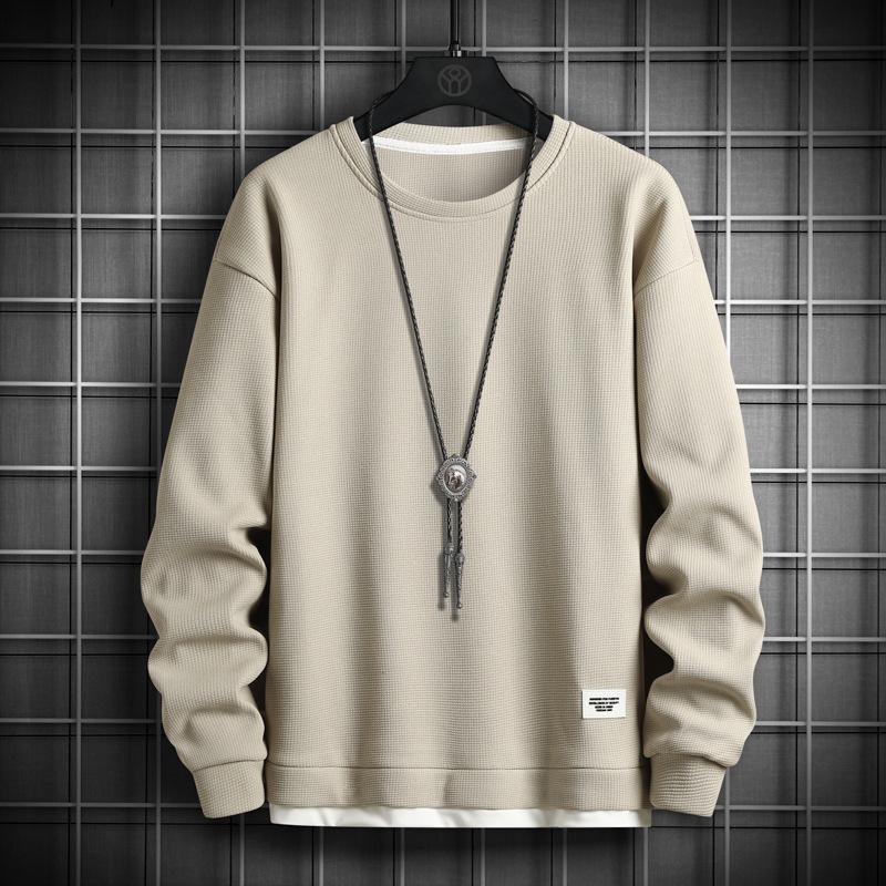 Waffle Fake Two-piece Sweater Men's Spring Youth Loose Round Neck Long Sleeve T-shirt Men's