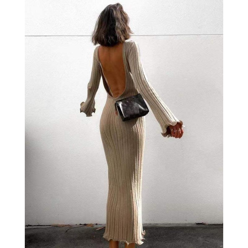 

INDFS Женская мода Весна Осень Однотонный принт Длинный рукав Круглый вырез Высокая талия Повседневные платья L