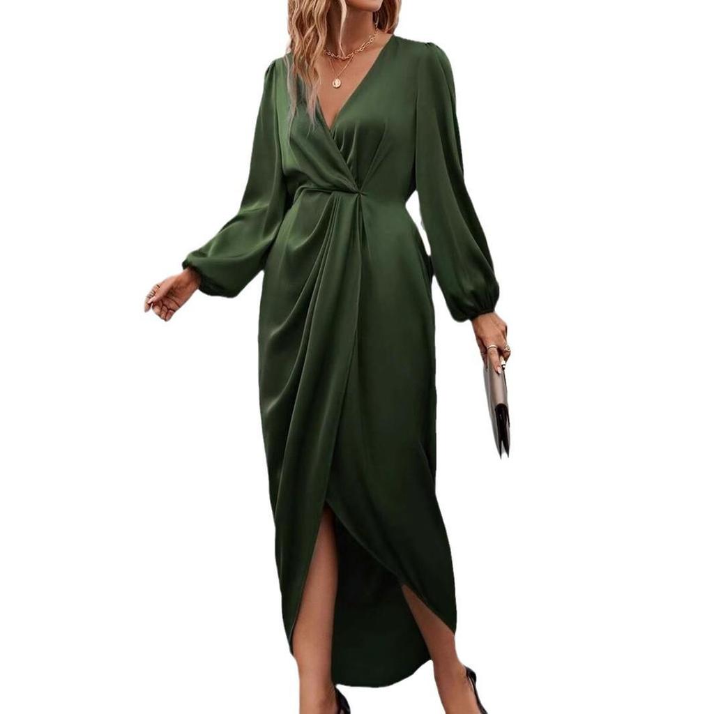 Damen Satin Laternenärmel Kleid: Frühling/Sommer Schlitz Unregelmäßiges Langes Kleid.