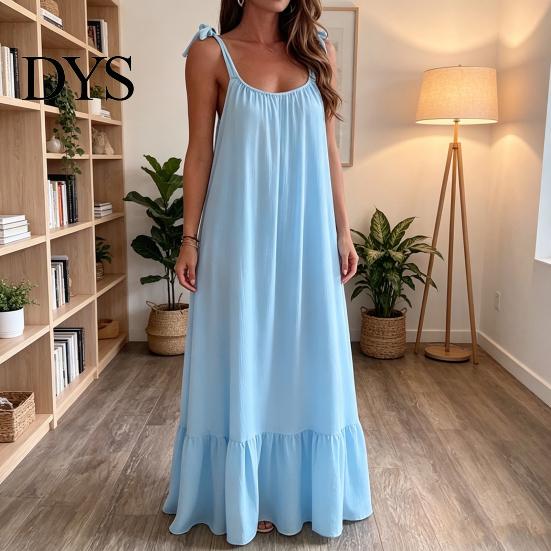 Loose Fit Summer Dress Women's Casual Tie Shoulder Sleeveless Square Fresh Natural Look Neck Maxi A-Line Ruffle Flowy Beach Sundress Spring