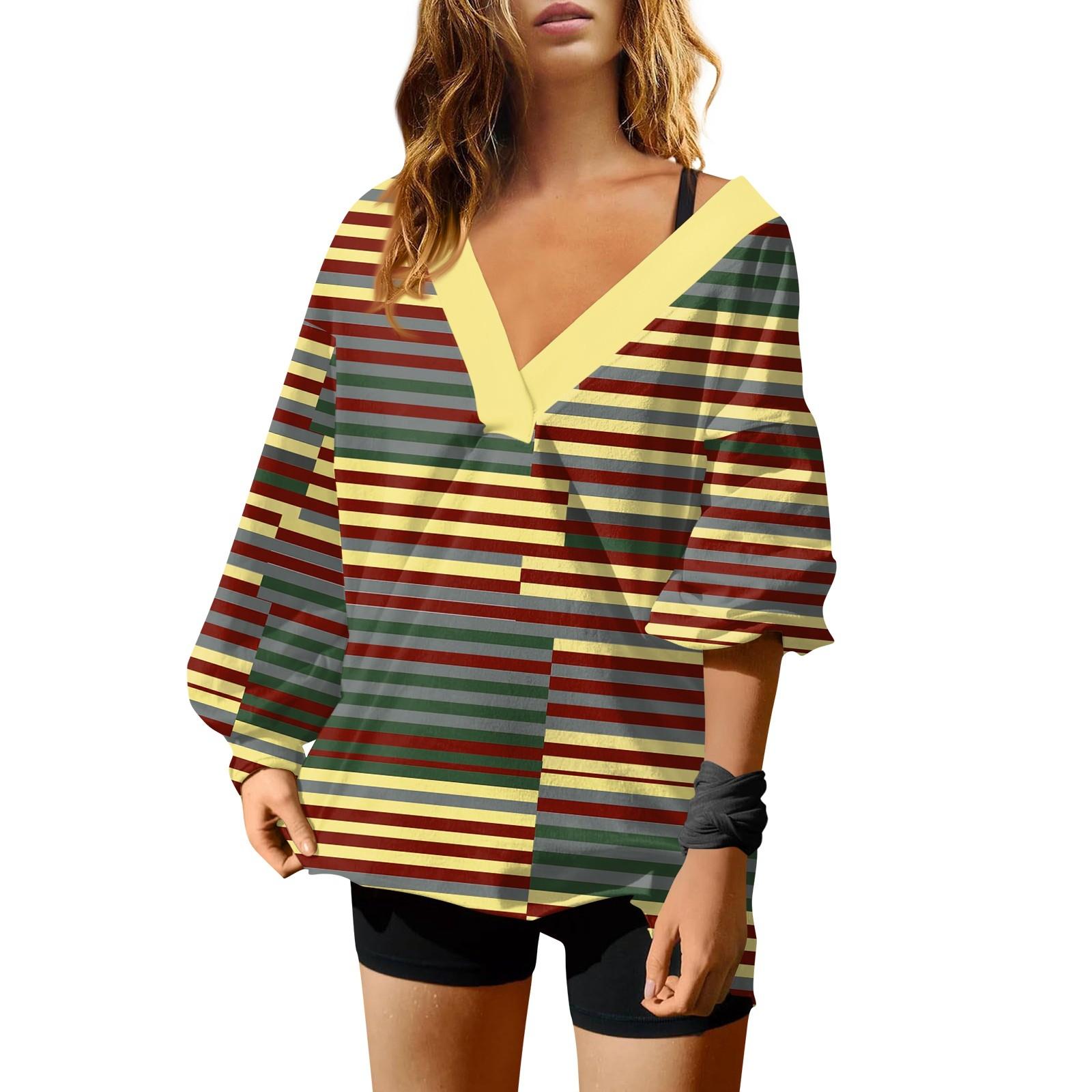 Женская мода полосатый принт V-образный вырез длинный рукав свободный пуловер свитшот — фото 12