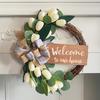 15 Inches Artificial Tulips Bowknot Wreath with Welcome Sign for Front Door Green Leaf Wreath Spring Summer Wreaths for