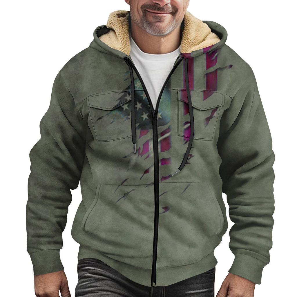 Men'S Winter Zipper Hooded Fleece Sweatshirt With Patch Pocket Casual Jacket