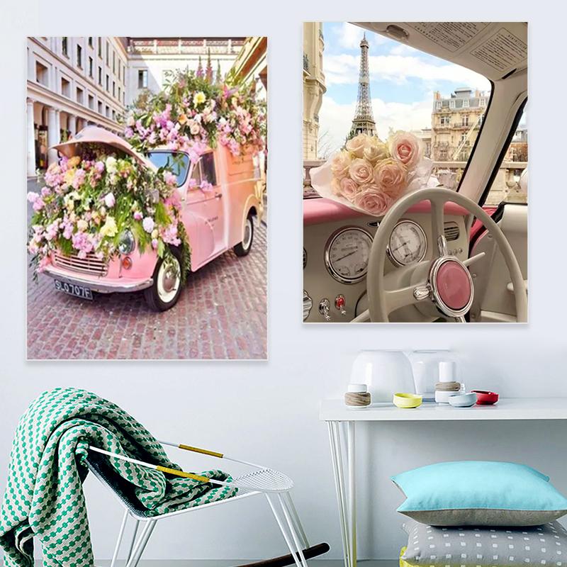 Paris Romantic Pink Flower Canvas Painting Art Wall Girl Lovely Nordic Pink Poster Prints for Living Room Home Decor Picture