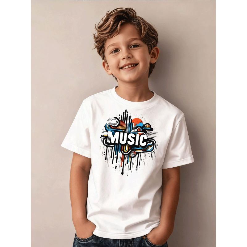 Boys Colorful Geometric Cloud Sun Music Print Crewneck Tee 110