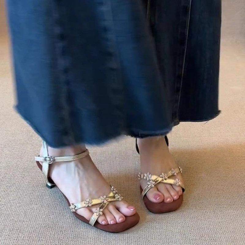 Fashion Ladies Shoes 2025 Summer Open Toe Women's Sandals Dress Sandals Women Fashion Flower Dec Shoes Woman New Buckle Thin Heels