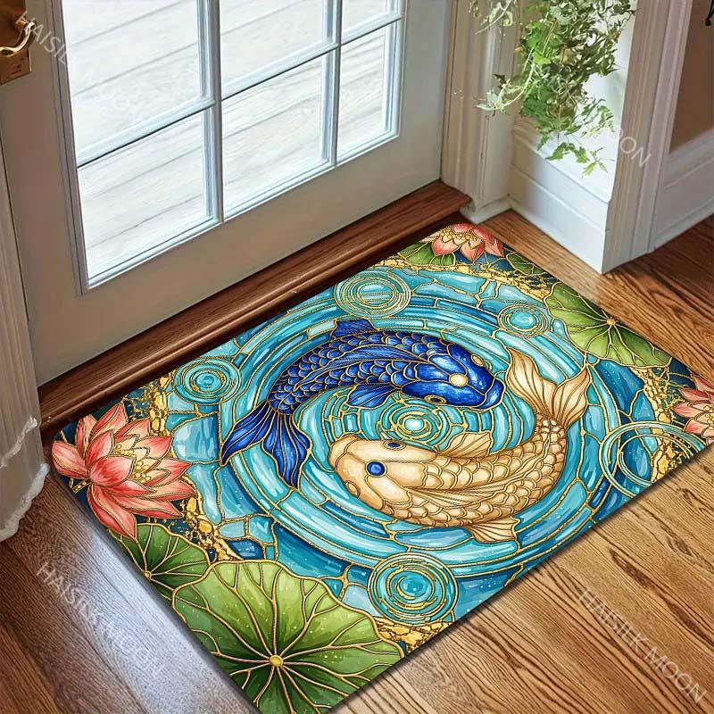 Multiple sizes Koi pond with lotus pattern Carpet for Living Room Bedroom Sofa Home Decor Rug Non-slip Floor Mat Luxury Gift