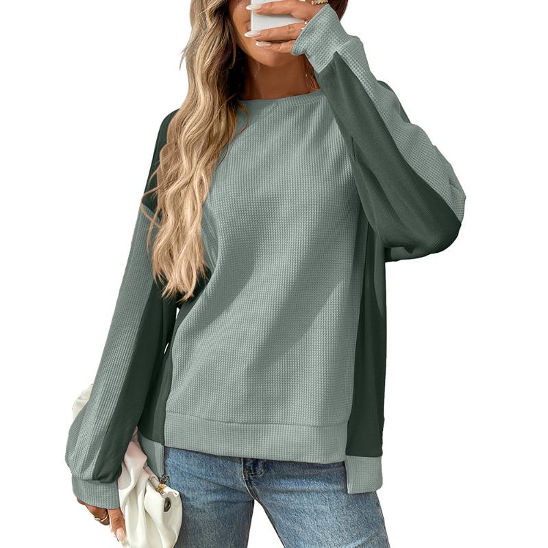 2025 Autumn New Round Neck Casual Loose Contrast Long-sleeved Waffle Top