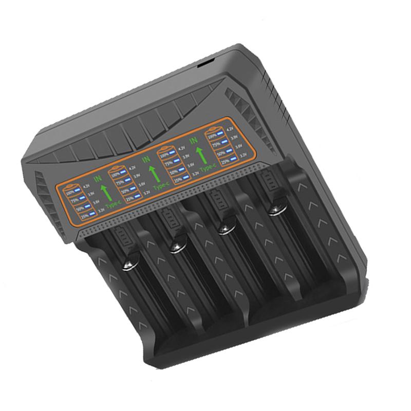 

4-секционное интеллектуальное зарядное устройство для литиевых аккумуляторов, совместимое с 18650, 26650, 21700, 10400, 14500, 16340, 18490