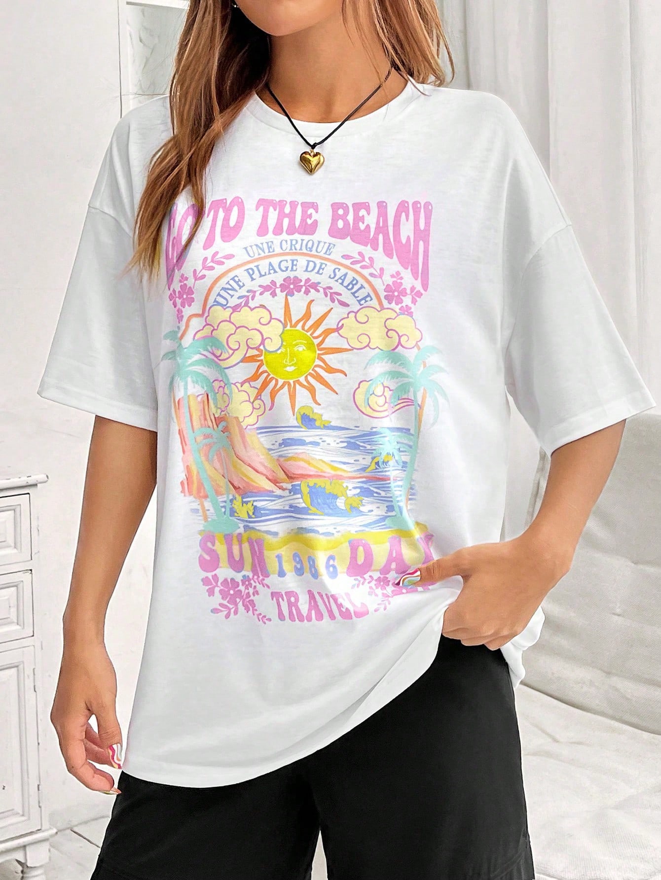 

Sun & Letter Graphic Figure Pattern Print Series Round Neck Loose Short Sleeve T-Shirt Summer Casual Fashion Travel Tee Girls S