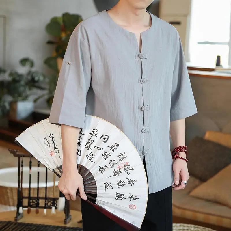 

Mens Chinese Style Frog Button 3/4 Sleeve Shirt M серый