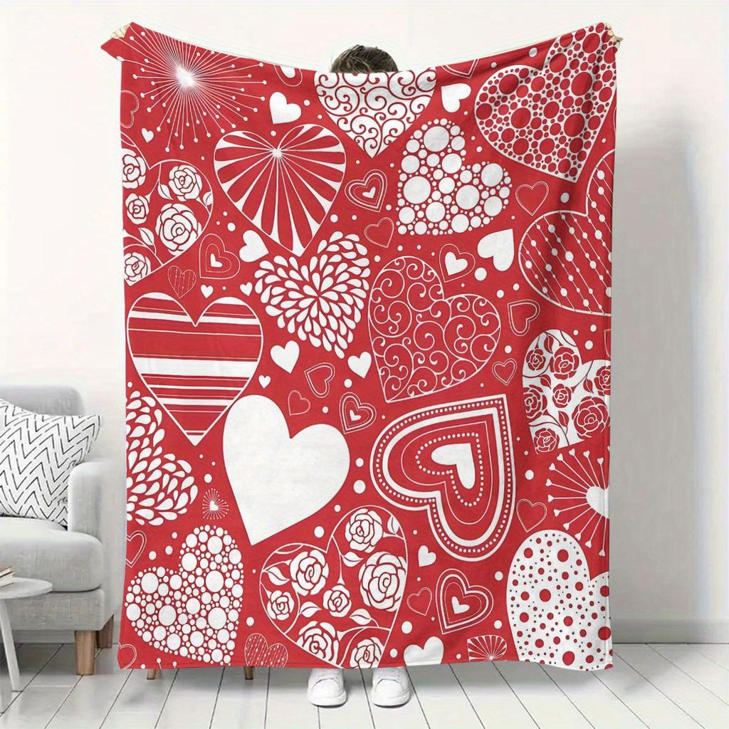 Bright red heartshaped pattern Flannel printed blanket suitable for all seasons suitable for living room office sofa and travel