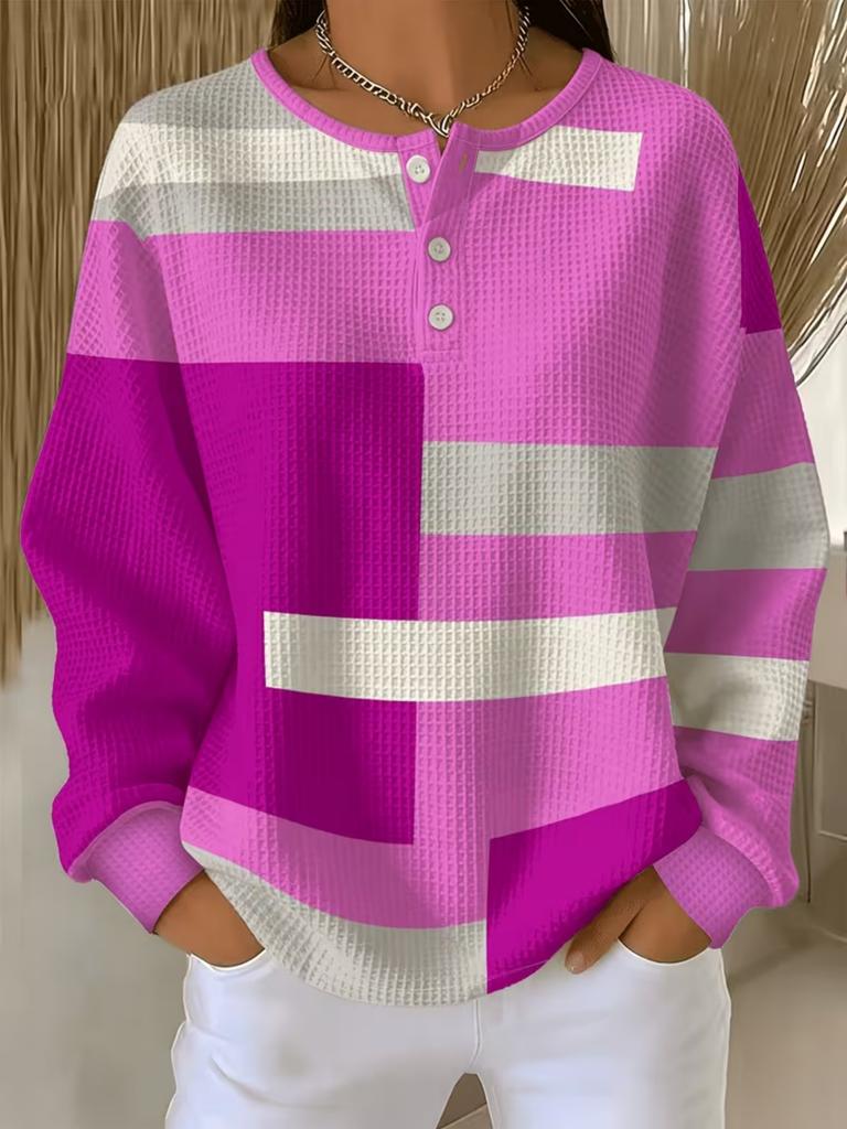 Full Printed Women's trendy waffle pullover, suitable for casual autumn wear, semi-buttoned fashion style top, machine washable