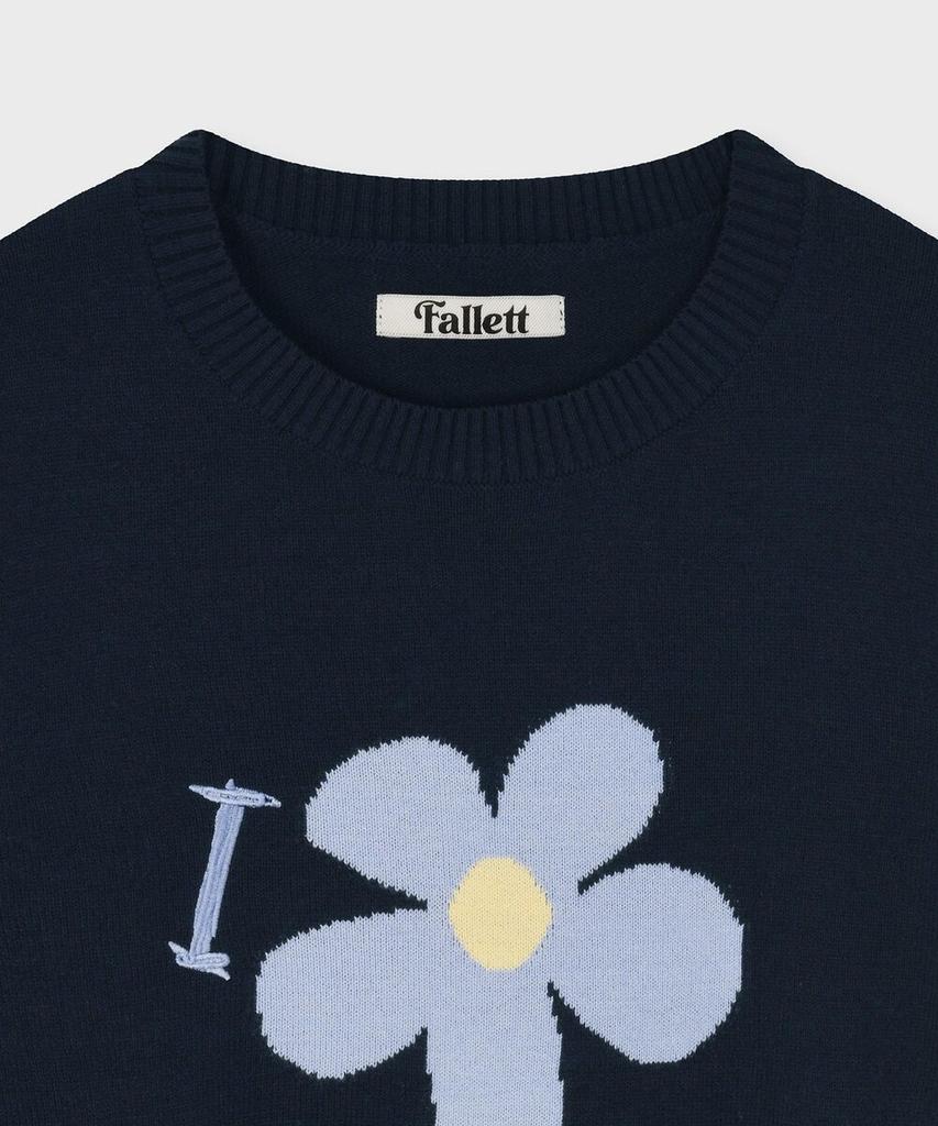 FALLETT Drawing Flower Short Sleeve Knit Navy