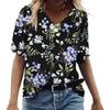 Summer V-neck 3D Feather Flower Printed Top Fashionable Casual Short Sleeved Women's T-shirts