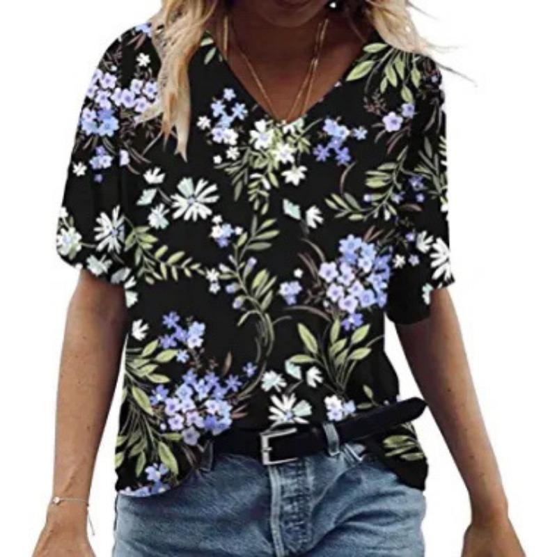 Summer V-neck 3D Feather Flower Printed Top Fashionable Casual Short Sleeved Women's T-shirts