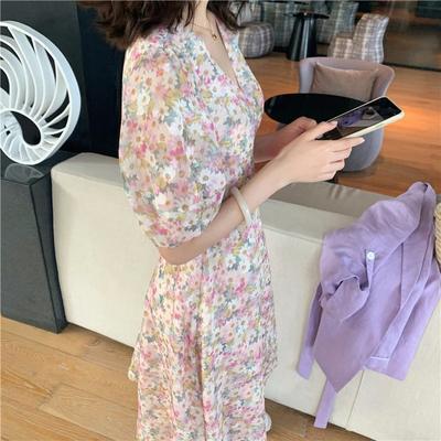 Vestido floral con escote en V para mujer, falda larga, versión coreana, verano