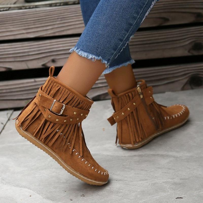 Autumn and Winter Short Boots Fringed Boots Women's Flat-bottomed Buckle Martin Boots Retro Knight Boots Malaysian Machine