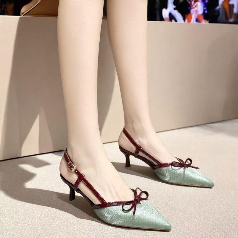 2025 spring and summer new niche pointed head bow high heel women's shoes fashionable versatile and comfortable bag head sandals women