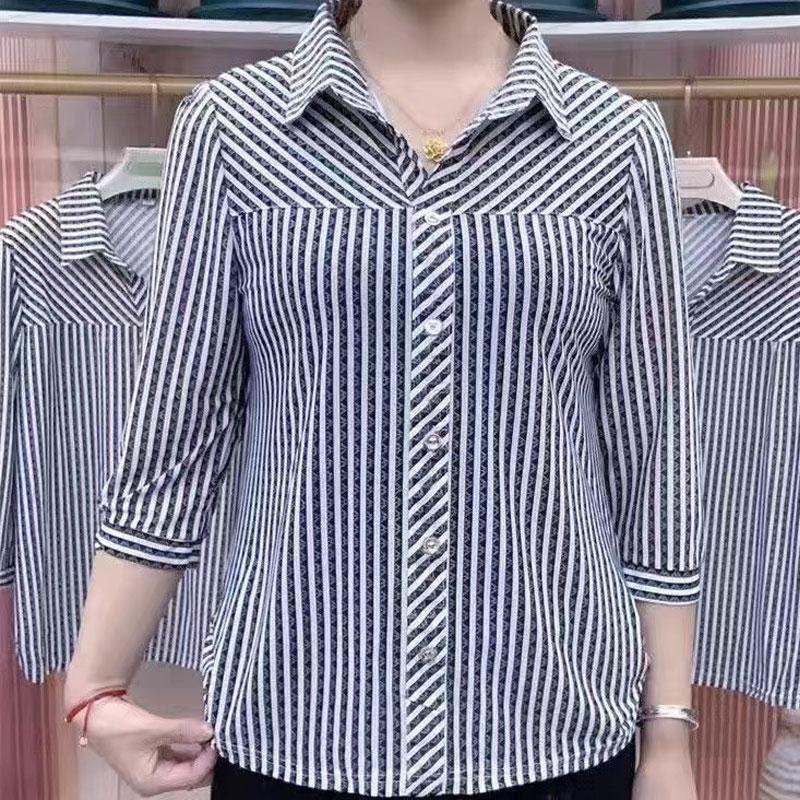Fashion Loose All-match Striped Printed Shirt Summer Women's Clothing New 3/4 Sleeve Casual Turn-down Collar Buttons Blouses