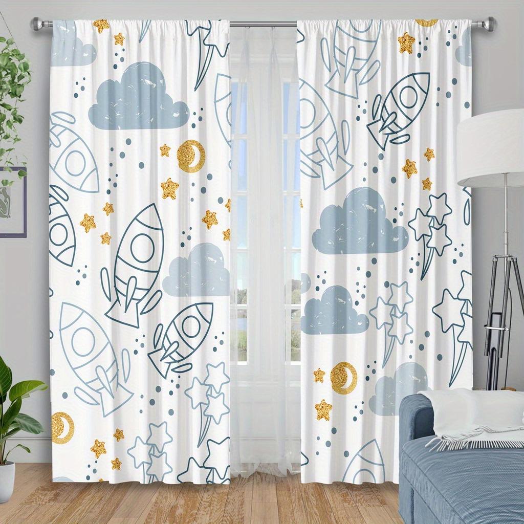 2pc Rocket and planet print curtains, polyester fabric, machine washable, suitable for bedroom and living room decoration