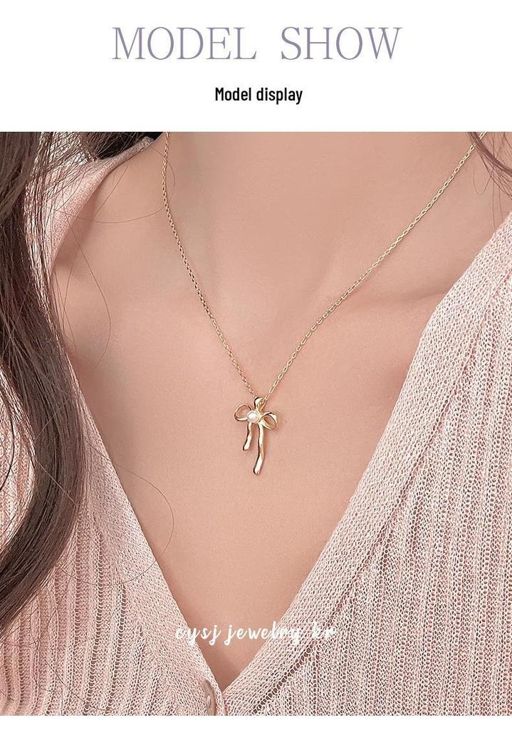 Cui Yan S925 Sterling Silver Korean Bow Pearl Necklace - 2025 Trendy Sweet Clavicle Chain for Women
