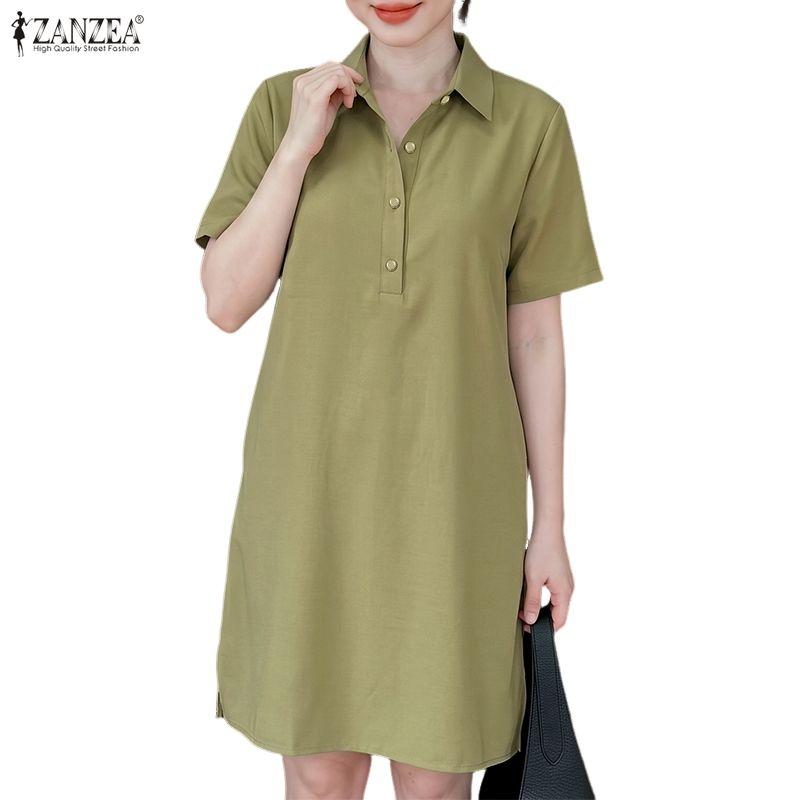 ZANZEA Women Casual Turn Down Collar Loose Short Sleeve Shirt Dress