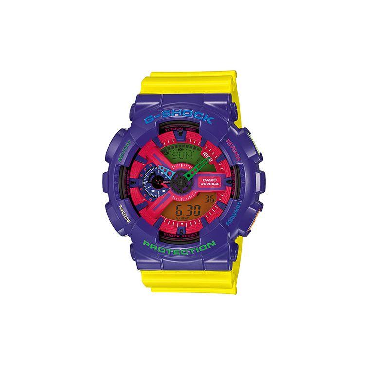

Casio Dual Display Series Fashion Trend Color Block Street Classic Analog Digital Waterproof Sports Quartz Watch Resin Strap Men watches GA-110HC-6A Purple Watch Dial Yellow Strap