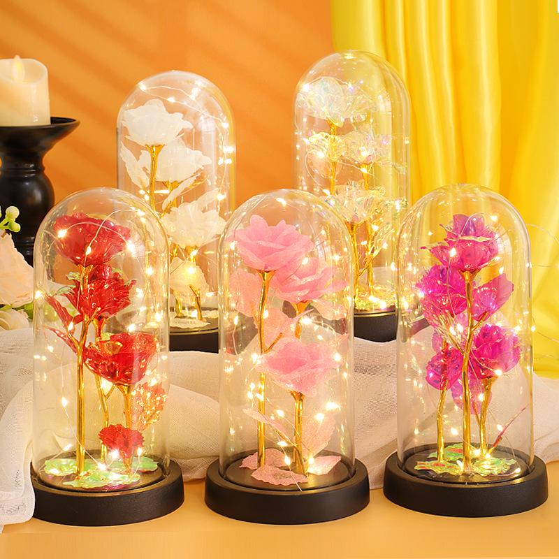 Luminous LED Rose Glass Dome Ornament with Three Flowers - Valentine's Day Bestseller Gift