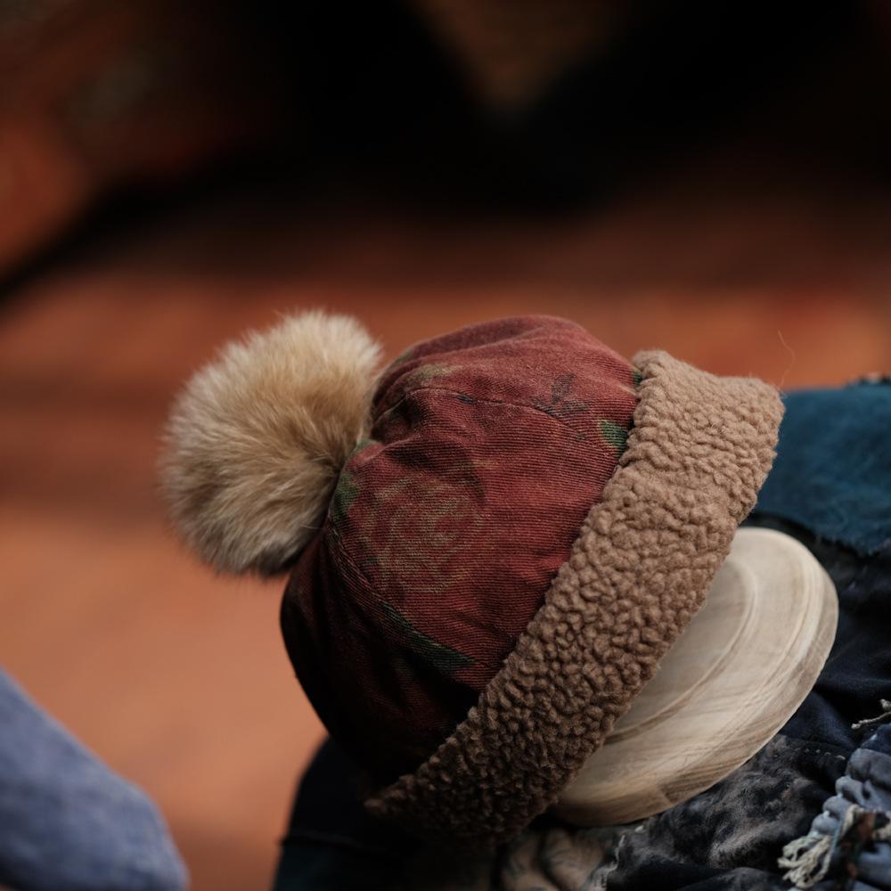 Johnature Women Vintage Red Floral Warm Patchwork Wool Hat