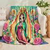 Cute Cartoon Virgin Mary Floral Flannel Throw Blanket Soft Cozy Fleece Lady of Gift Throw