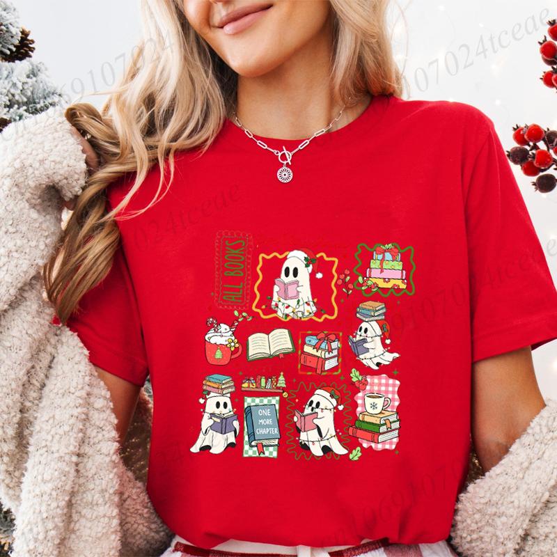 

Women S Casual Graphic T-Shirt - All Booked for Christmas Print, Short Sleeve Round Neck Top for Christmas Books Lover T-Shirts XXS