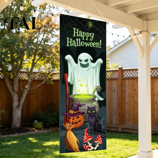Outdoor Hanging Banners Halloween Flag Banner Backdrop, Spooky Pumpkin Witch Ghost Polyester Fabric Background Decoration for Indoor Party Wall Decor