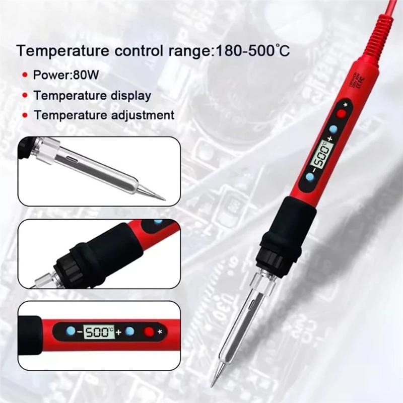 ABBP-Digital Soldering Iron 80W Adjustable Temperature LCD Display With On/OFF Switch Heater Tool Set Tip EU Plug Includ