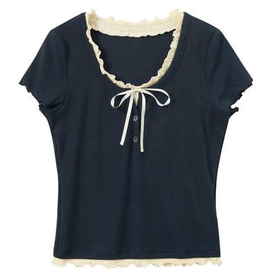 Sancai 2026 Summer Ruffle Trim Tie-Waist Layered Short Sleeve T-Shirt